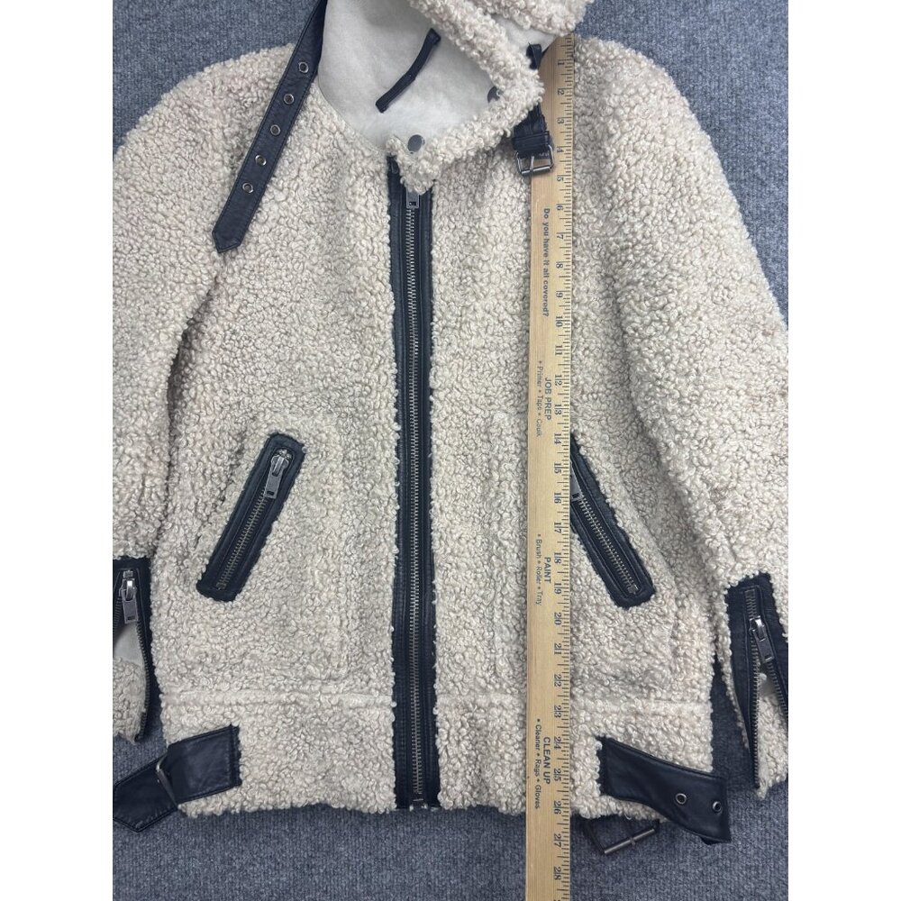 Zara Woman Jacket Womens Small Beige Sherpa Teddy Fleece Biker Moto Zip Pockets - Picture 5 of 8